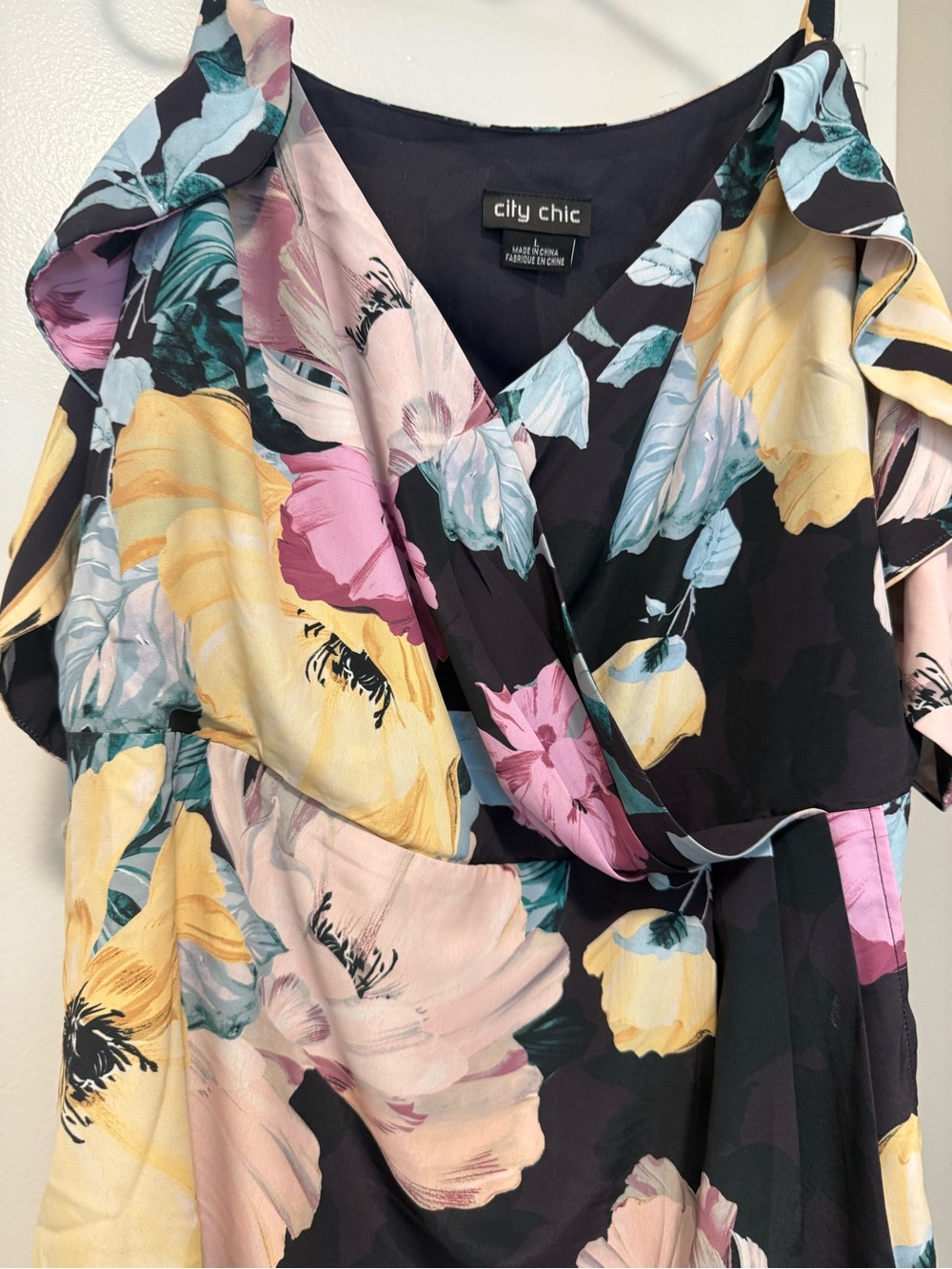 City Chic Black Floral Wrap top with Yellow, Pink & Light Blue Blooms